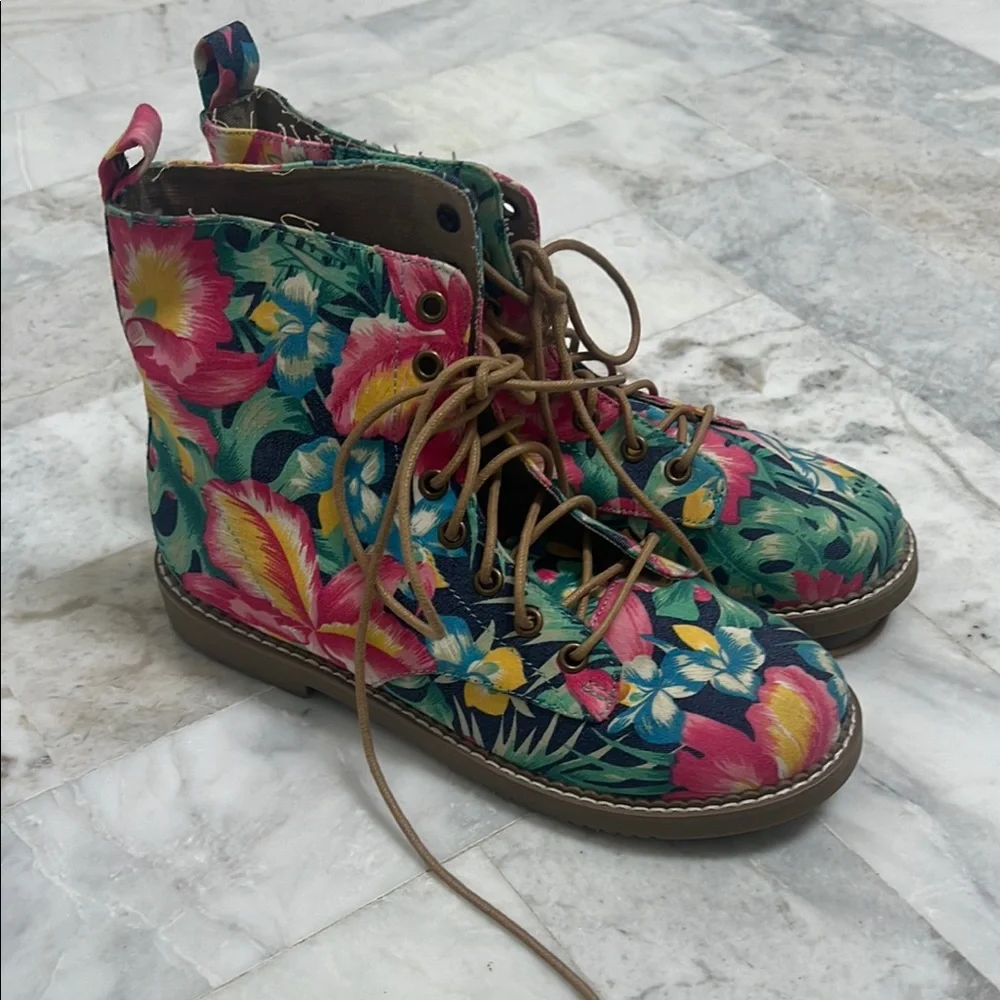 Pink and Green Lace Up Boots with Floral Pattern - Picture 1 of 6